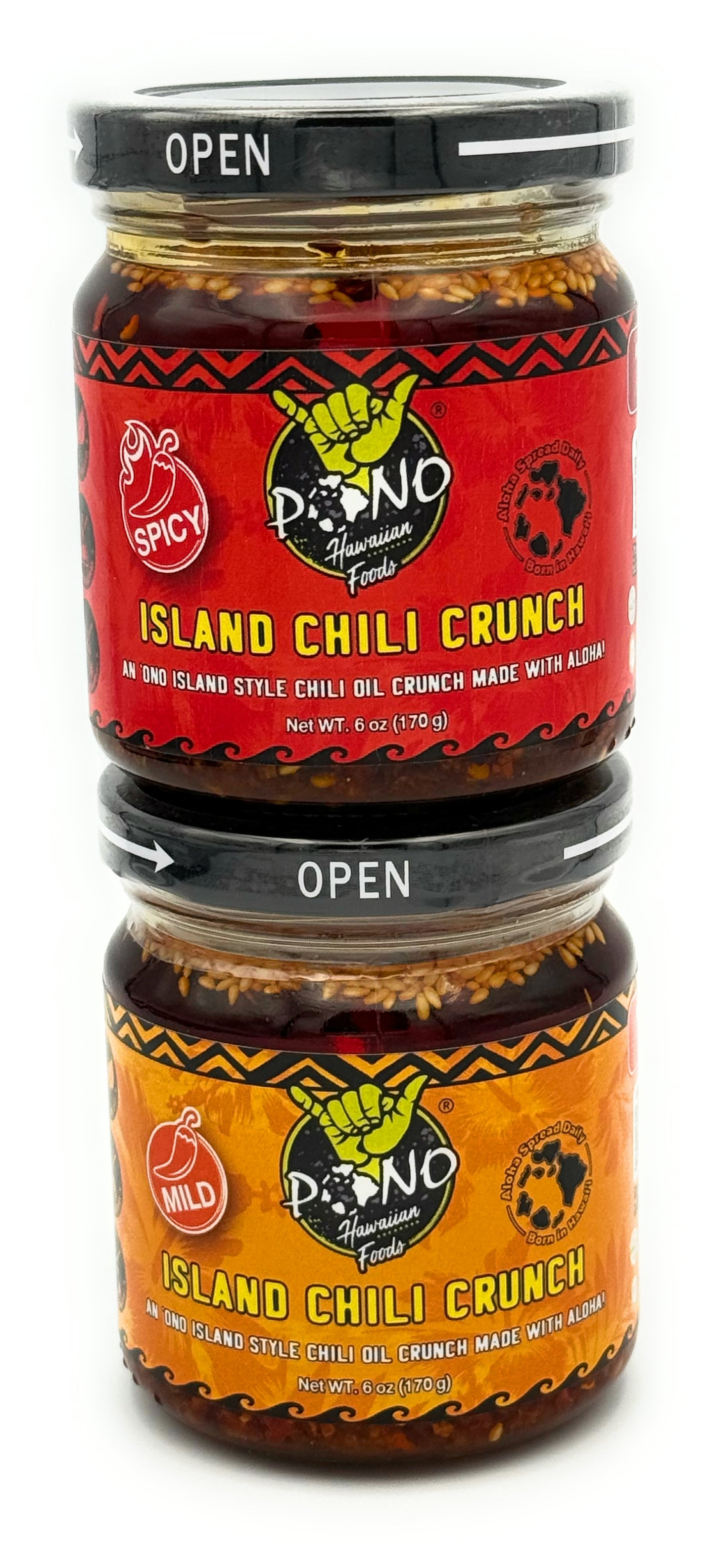 TWO PACK - ISLAND CHILI CRUNCH - Mild / Spicy 6oz Jars - Gluten Free, NON-GMO, Umami