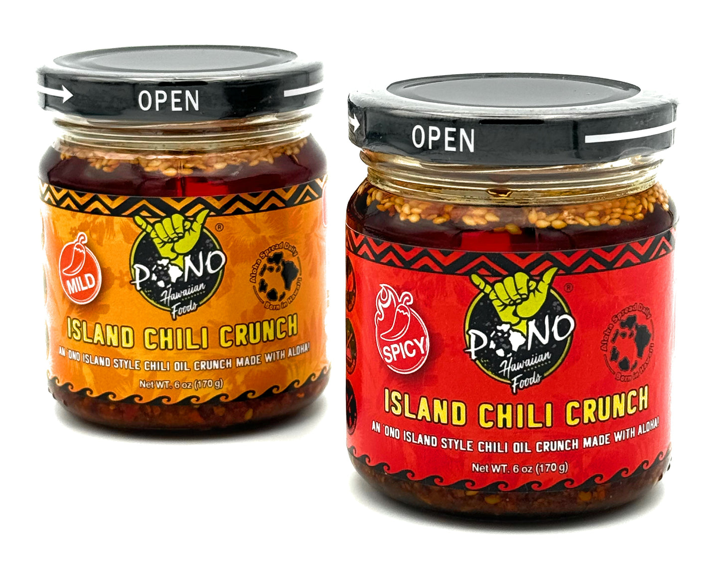 TWO PACK - ISLAND CHILI CRUNCH - Mild / Spicy 6oz Jars - Gluten Free, NON-GMO, Umami
