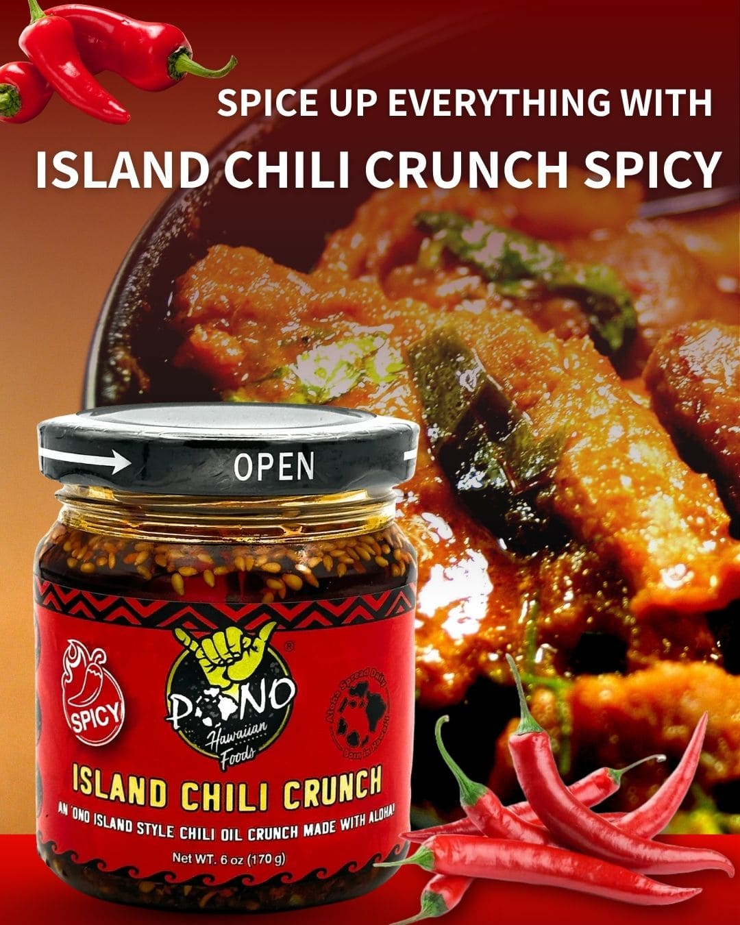 TWO PACK - ISLAND CHILI CRUNCH - Mild / Spicy 6oz Jars - Gluten Free, NON-GMO, Umami