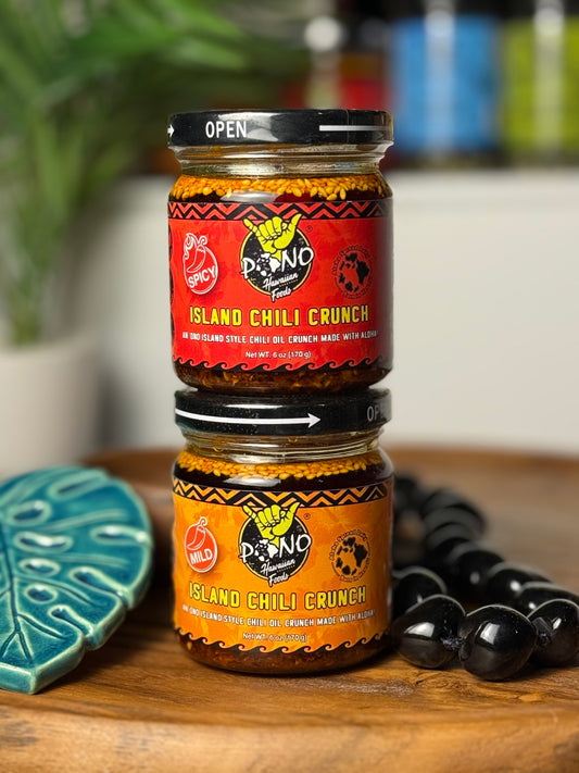 TWO PACK - ISLAND CHILI CRUNCH - Mild / Spicy 6oz Jars - Gluten Free, NON-GMO, Umami