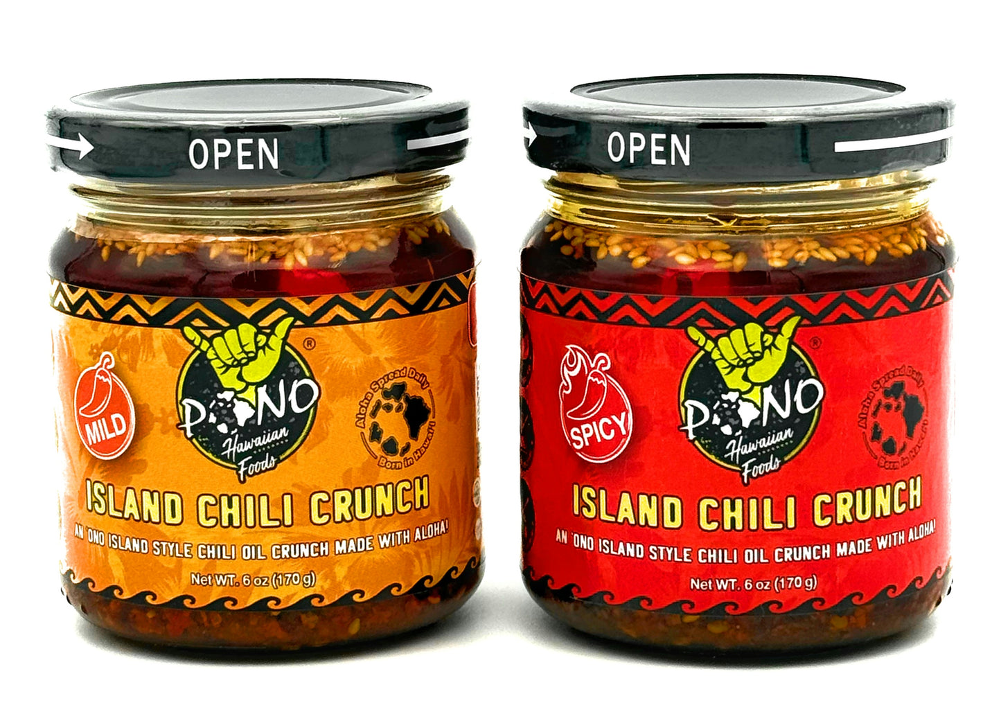 TWO PACK - ISLAND CHILI CRUNCH - Mild / Spicy 6oz Jars - Gluten Free, NON-GMO, Umami