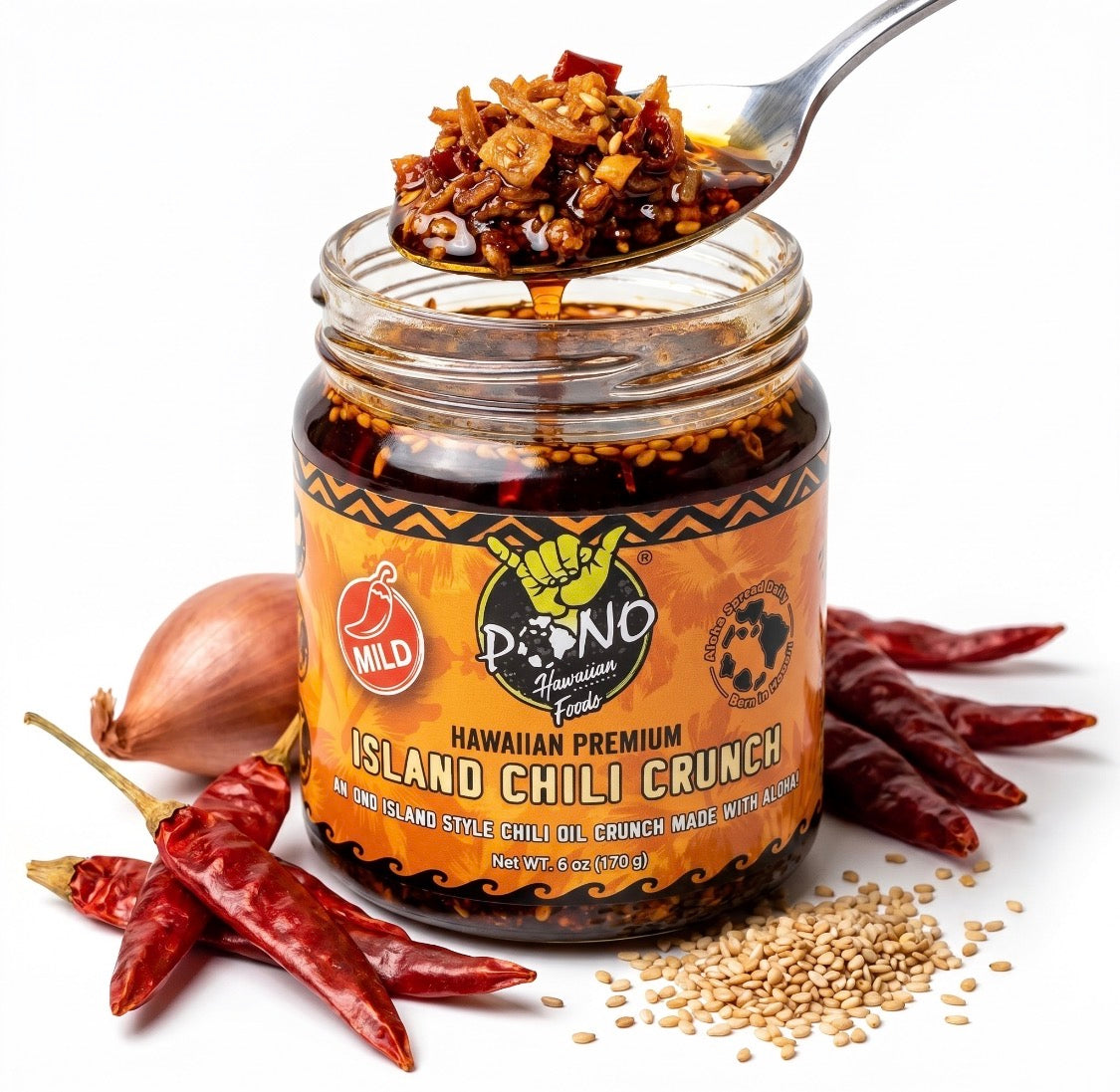 Pono Hawaiian Island Chili Crunch – 6oz – Umami, Garlic, Shallots, Sesame, Chili Peppers