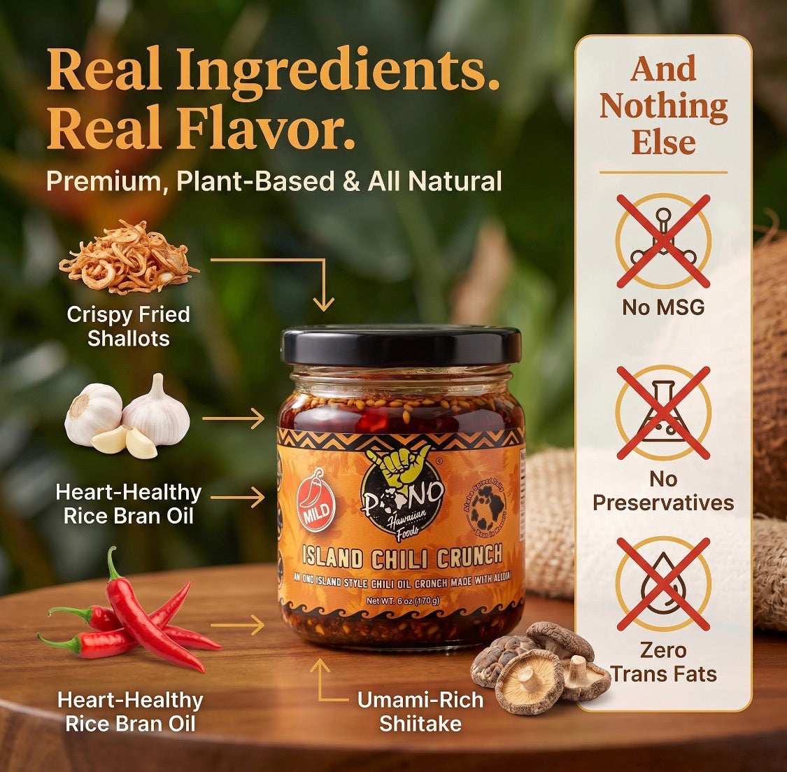 Pono Hawaiian Island Chili Crunch – 6oz – Umami, Garlic, Shallots, Sesame, Chili Peppers
