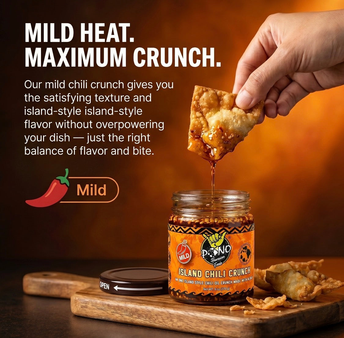 Pono Hawaiian Island Chili Crunch – 6oz – Umami, Garlic, Shallots, Sesame, Chili Peppers