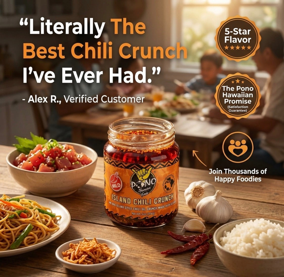 Pono Hawaiian Island Chili Crunch – 6oz – Umami, Garlic, Shallots, Sesame, Chili Peppers