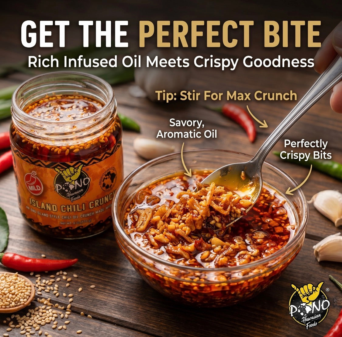 Pono Hawaiian Island Chili Crunch – 6oz – Umami, Garlic, Shallots, Sesame, Chili Peppers
