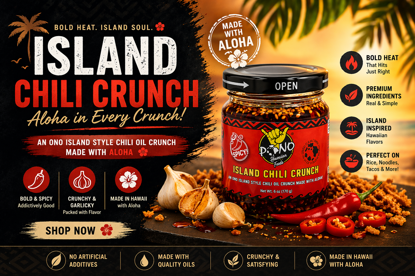 TWO PACK - ISLAND CHILI CRUNCH - Mild / Spicy 6oz Jars - Gluten Free, NON-GMO, Umami - FREE SHIPPING IN THE U.S.A
