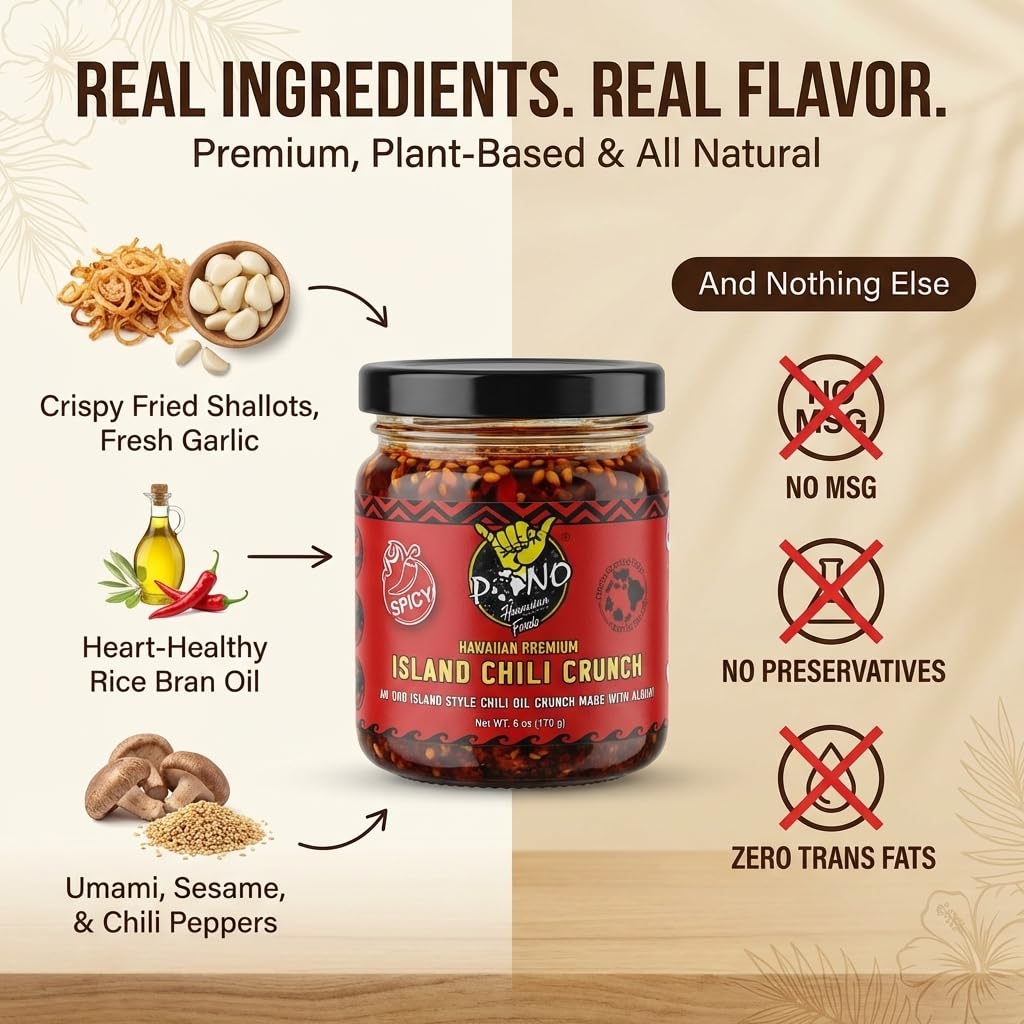 TWO PACK - ISLAND CHILI CRUNCH - Mild / Spicy 6oz Jars - Gluten Free, NON-GMO, Umami - FREE SHIPPING IN THE U.S.A
